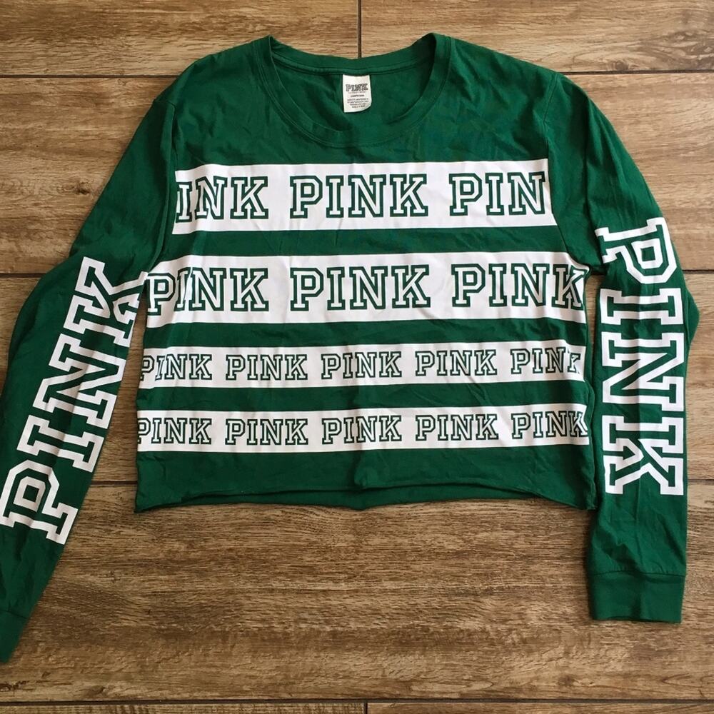Victoria's Secret Green White PINK Logo Crop Top T-Shirt Size Large